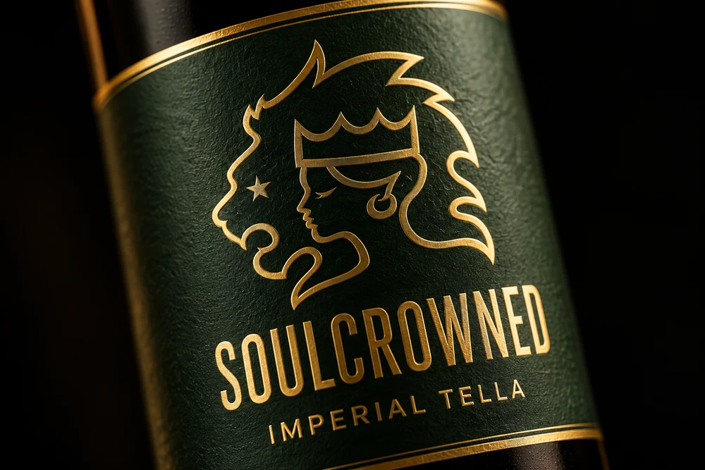 Der Name Imperial Tella unter dem goldenen Löwen mit gekröntem Frauenprofil auf dem Soulcrowned-Etikett